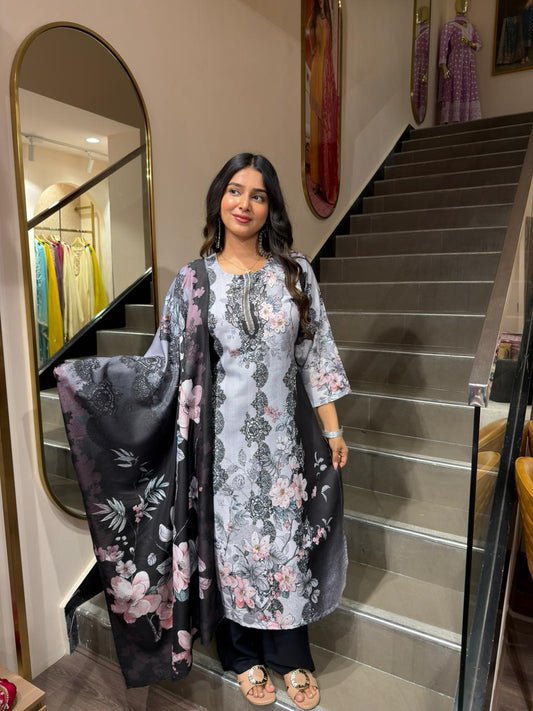 Grey Floral Printed Kurta Set with Black Dupatta for Women