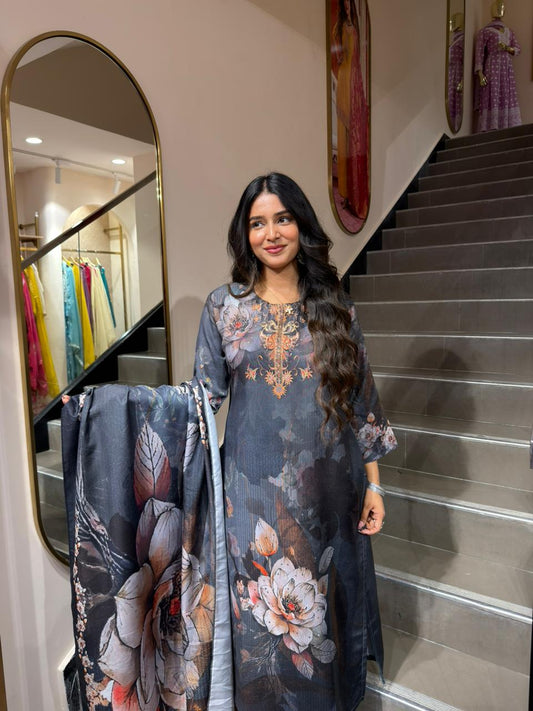 Charcoal Grey Floral Printed Kurta Set with Designer Dupatta