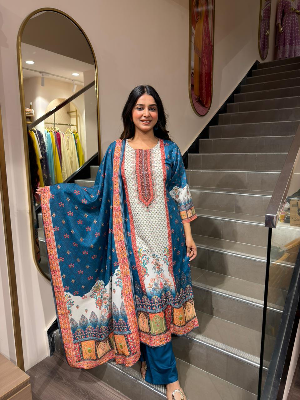 Teal Blue Printed Kurta Set with Dupatta for Women | Designer Festive Ethnic Wear