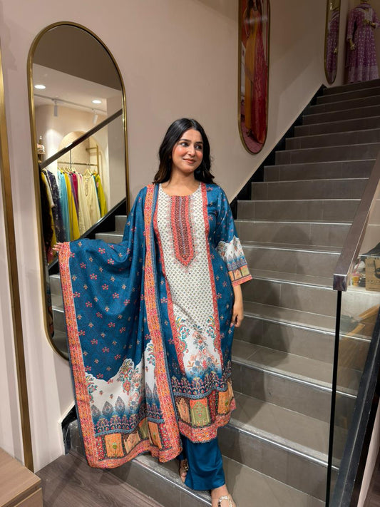 Teal Blue Printed Kurta Set with Dupatta for Women | Designer Festive Ethnic Wear