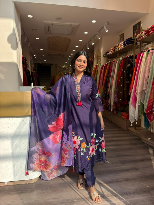 Purple Floral Designer Kurta Set with Dupatta for Women | Festive Party Wear