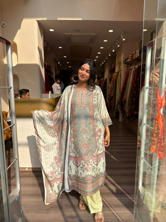 Sage Green Printed Kurta Set with Dupatta for Women | Elegant Designer Ethnic Wear