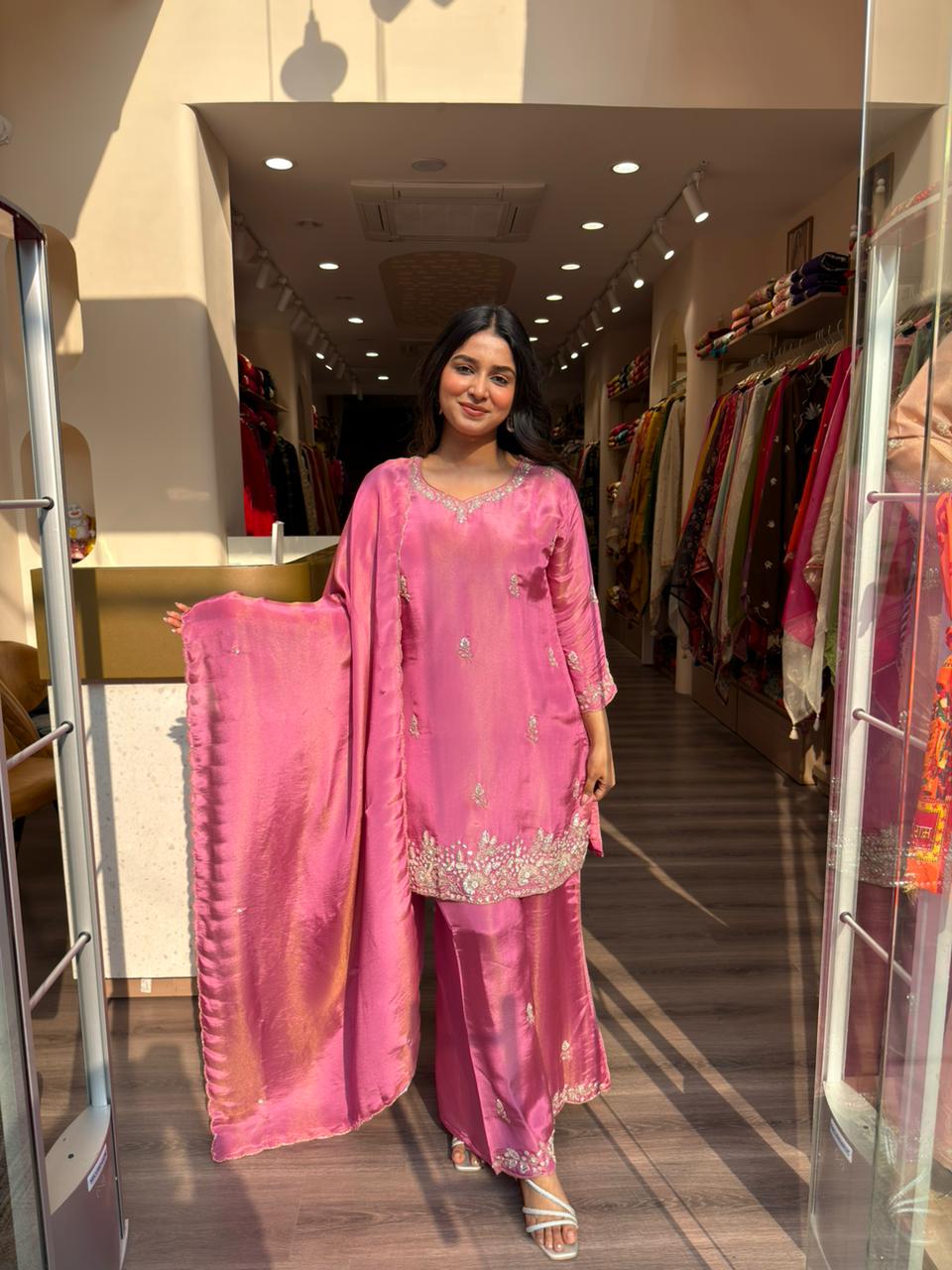 Rani Pink Embroidered Kurta Set with Dupatta for Women | Festive & Wedding Wear