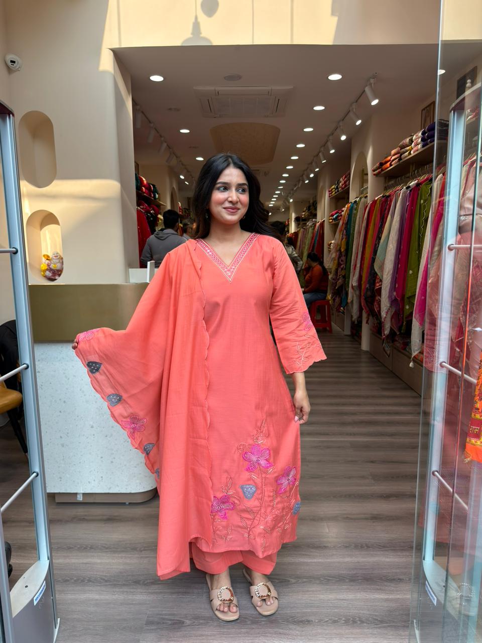 Coral Peach Embroidered Kurta Set with Dupatta for Women | Elegant Ethnic Wear