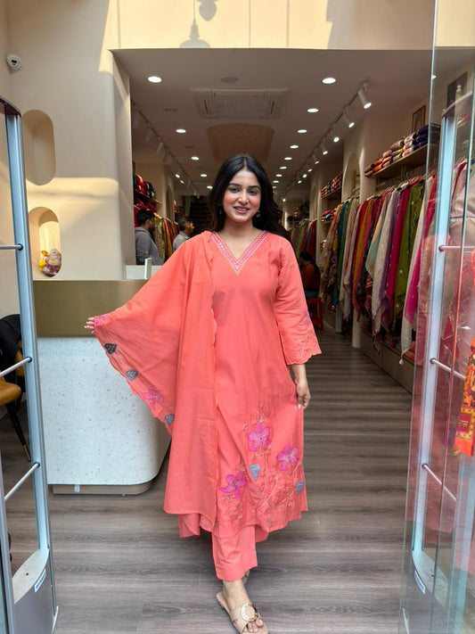 Coral Peach Embroidered Kurta Set with Dupatta for Women | Elegant Ethnic Wear