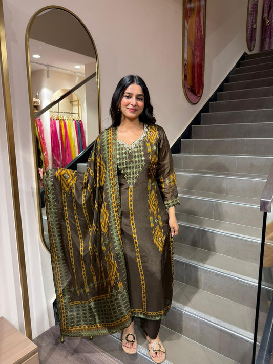 Olive Green & Brown Printed Kurta Set with Dupatta for Women | Ethnic Festive Wear