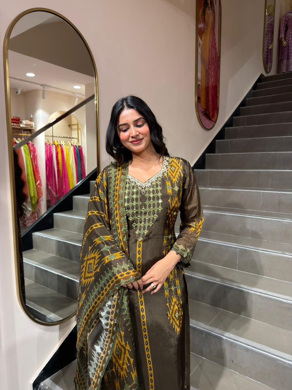 Olive Green & Brown Printed Kurta Set with Dupatta for Women | Ethnic Festive Wear