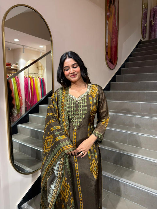 Olive Green & Brown Printed Kurta Set with Dupatta for Women | Ethnic Festive Wear