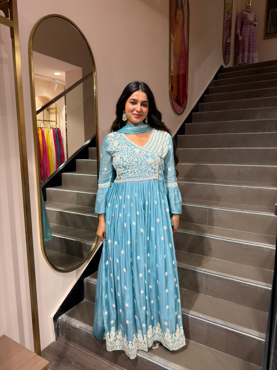 Sky Blue Embroidered Anarkali Kurta Set with Dupatta for Women | Festive Party Wear