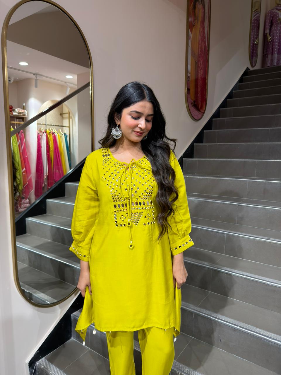 Lime Yellow Mirror Work Short Kurta Set for Women | Casual Ethnic Co-ord Set