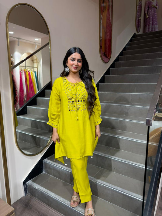Lime Yellow Mirror Work Short Kurta Set for Women | Casual Ethnic Co-ord Set