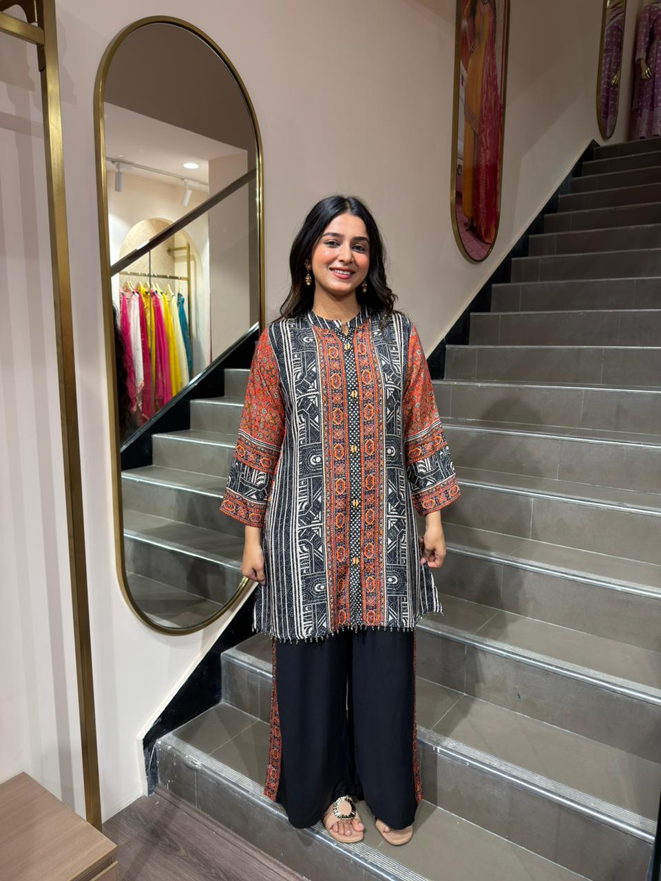 Black & Rust Ethnic Printed Kurta Pant Set for Women | Straight Fit Casual Wear