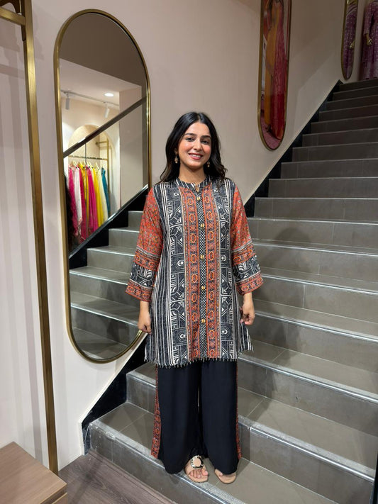 Black & Rust Ethnic Printed Kurta Pant Set for Women | Straight Fit Casual Wear