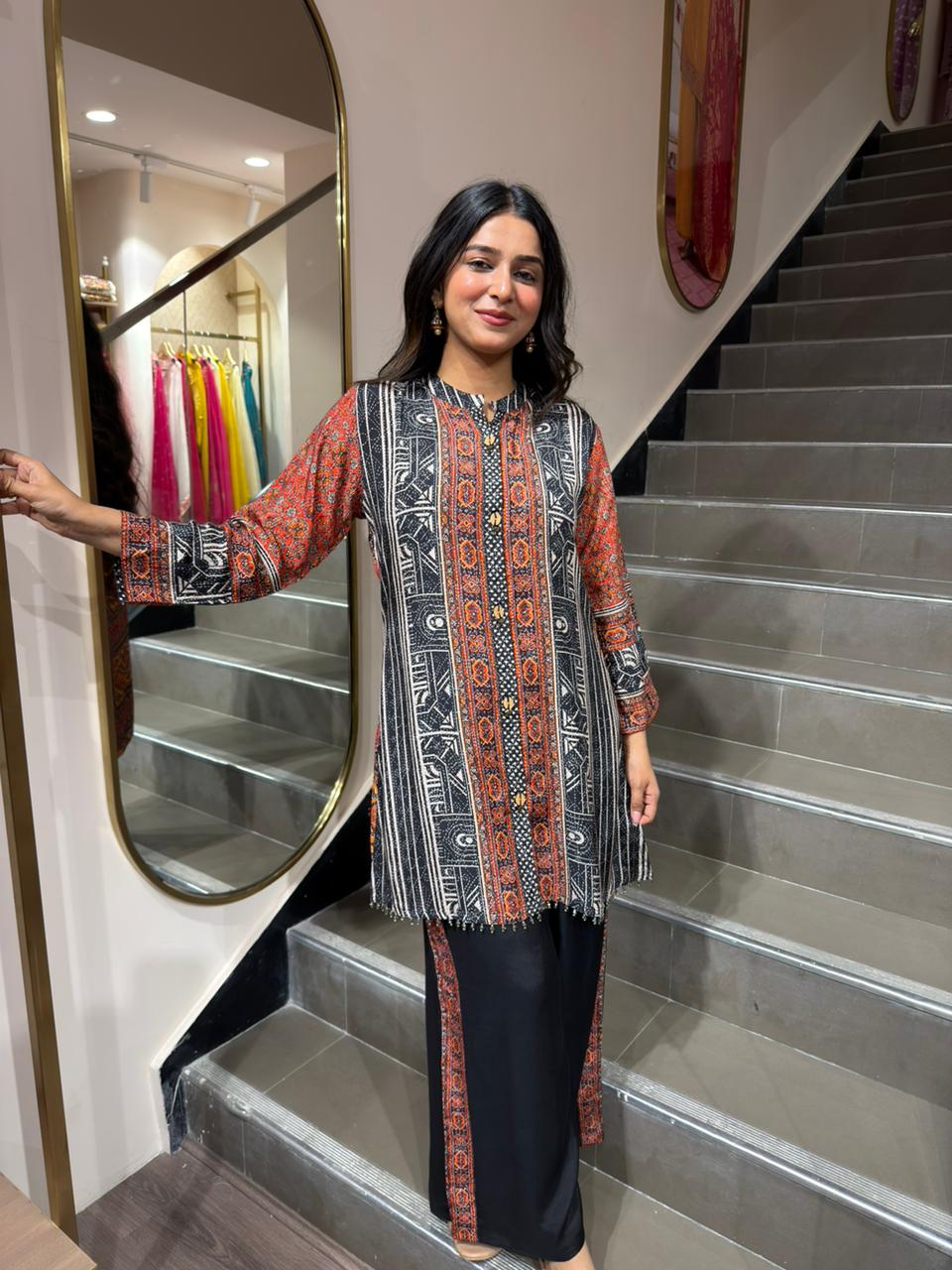 Black & Rust Ethnic Printed Kurta Pant Set for Women | Straight Fit Casual Wear