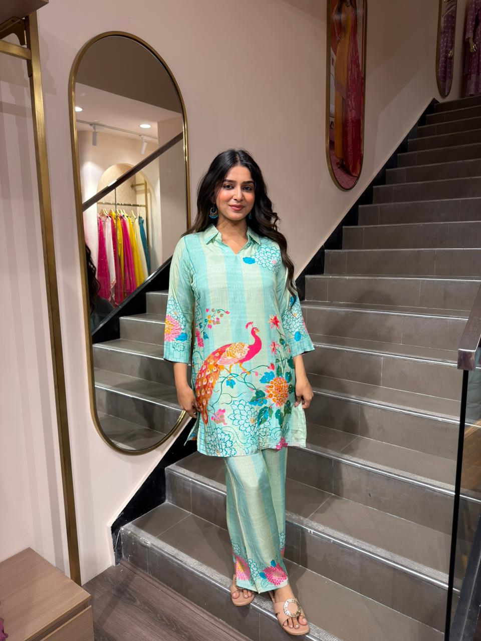 Mint Green Peacock Print Kurta Pant Set for Women | Designer Ethnic Co-ord Set