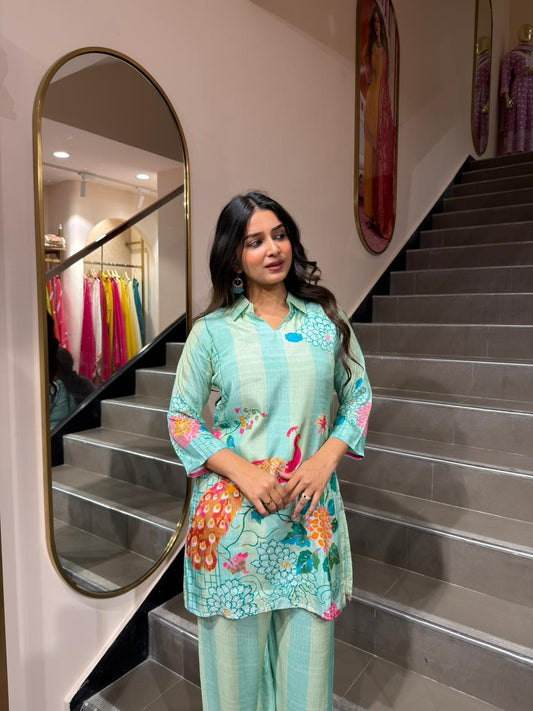 Mint Green Peacock Print Kurta Pant Set for Women | Designer Ethnic Co-ord Set