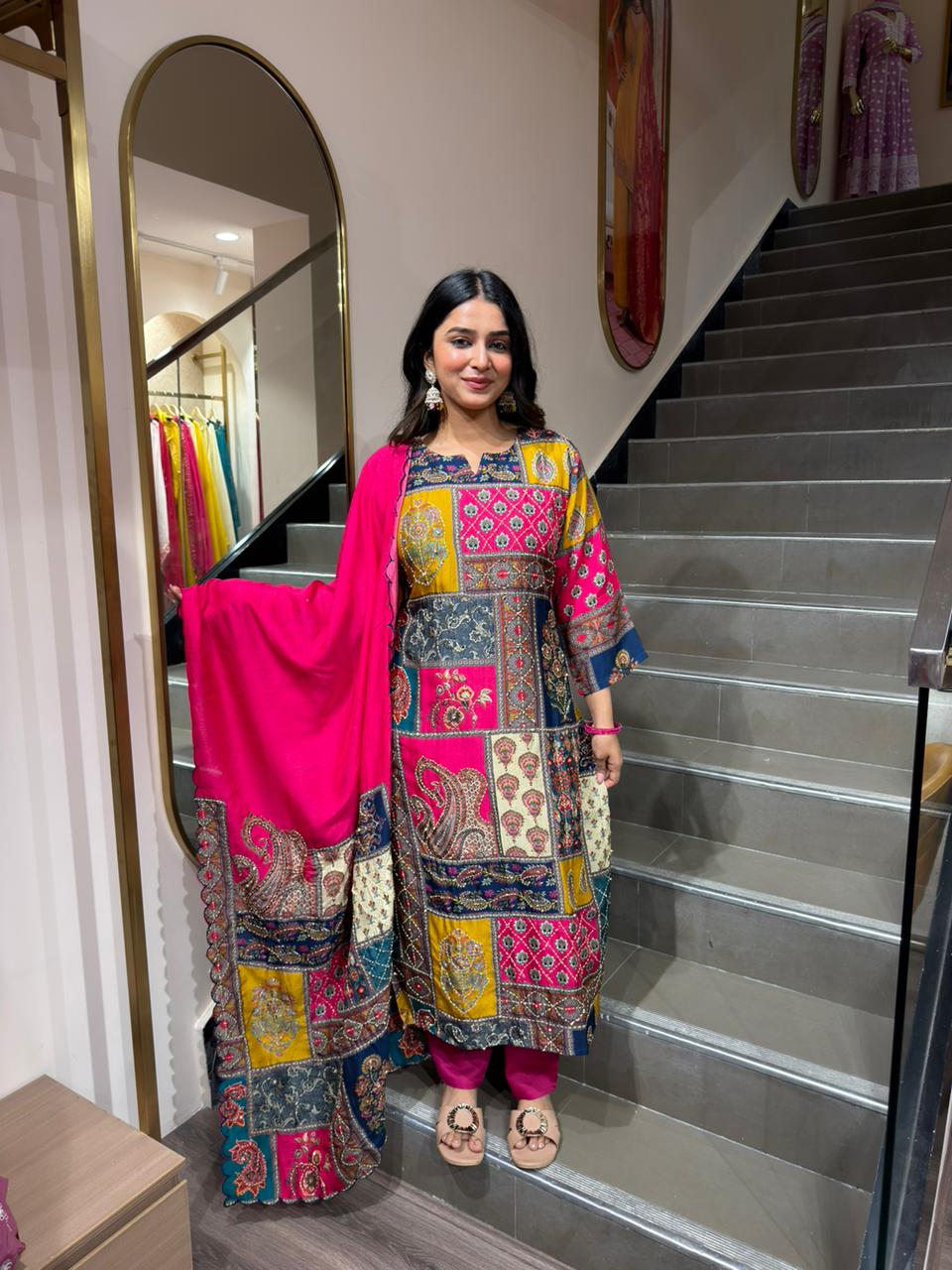 Multicolor Patchwork Printed Kurta Pant Set with Dupatta | Women’s Designer Ethnic Wear