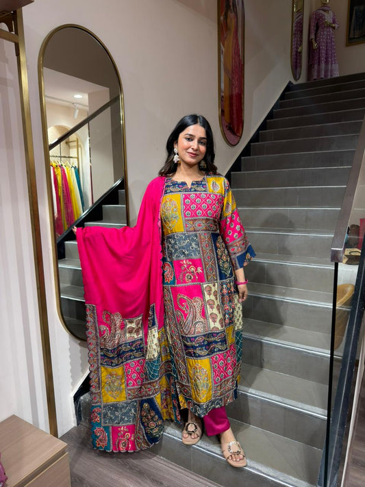 Multicolor Patchwork Printed Kurta Pant Set with Dupatta | Women’s Designer Ethnic Wear