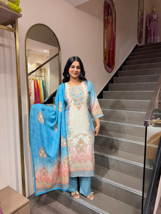 Elegant Sky Blue Printed Lawn 3 Piece Suit for Women – Summer Wear Kurta Set with Dupatta