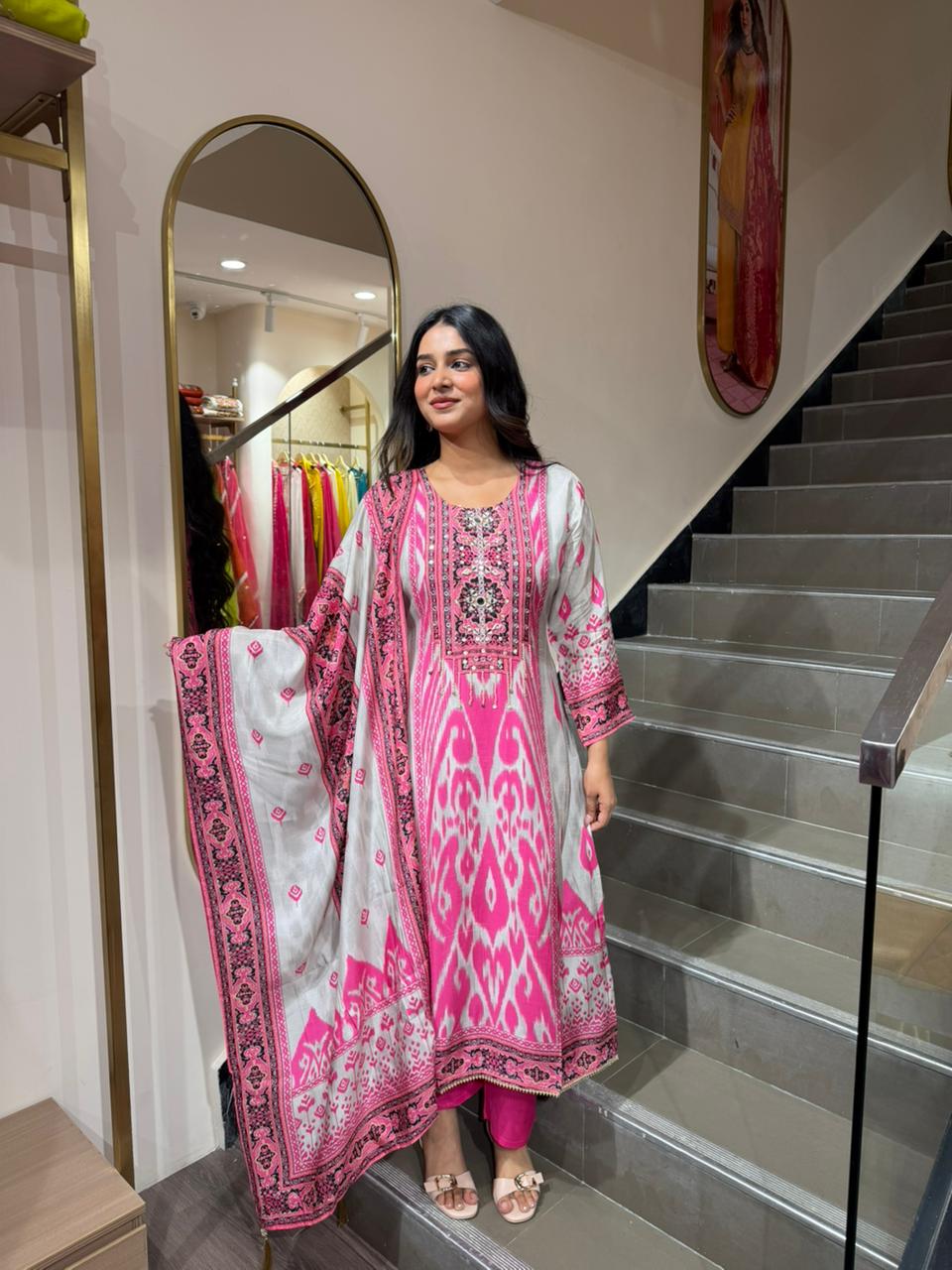 Pink & Grey Printed Lawn 3 Piece Suit for Women – Ethnic Summer Kurta Set with Dupatta