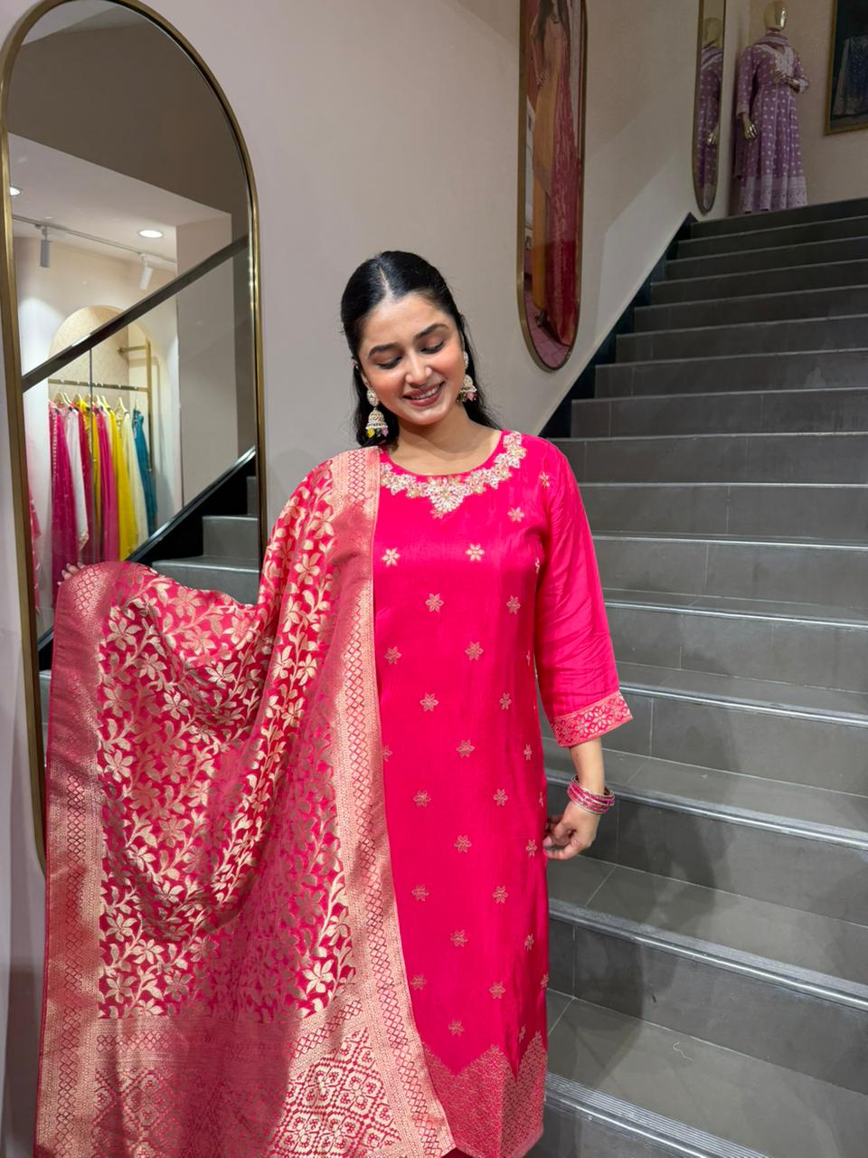 Luxury Hot Pink Embroidered 3 Piece Suit with Banarasi Style Dupatta – Festive Wear for Women