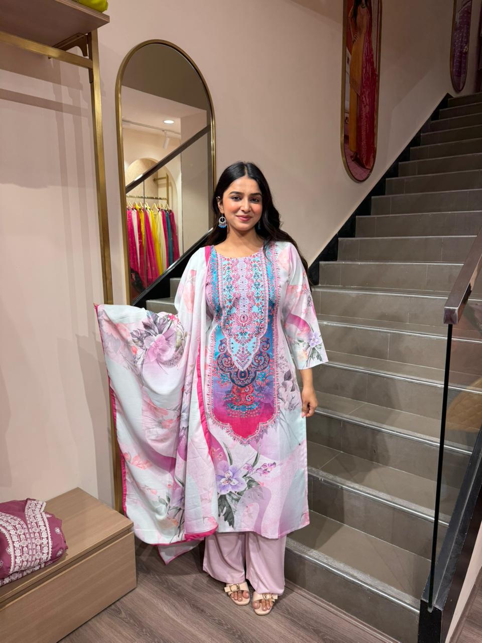 Pastel Pink Floral Printed Lawn 3 Piece Suit for Women – Elegant Summer Kurta Set with Dupatta