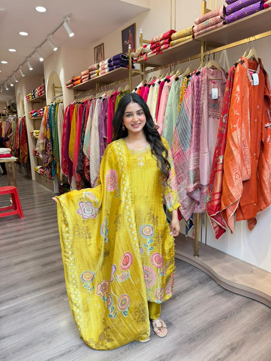 Mustard Yellow Floral Printed 3 Piece Lawn Suit with Dupatta – Summer Collection