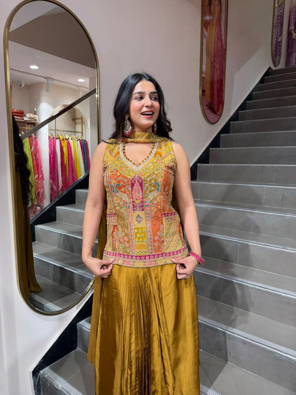 Mustard Embroidered Choli with Gharara Set – Festive Party Wear 3 Piece Outfit