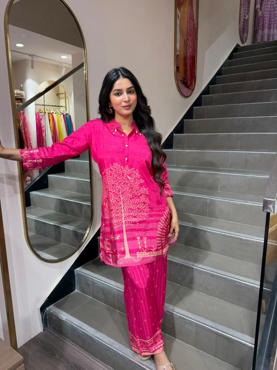 Hot Pink Printed Kurta Set – 2 Piece Summer Casual Outfit for Wome