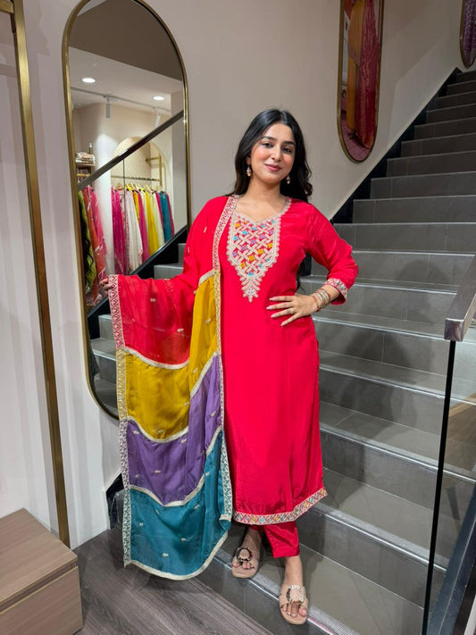 Red Embroidered Kurta Suit with Multicolor Dupatta – 3 Piece Festive Wear
