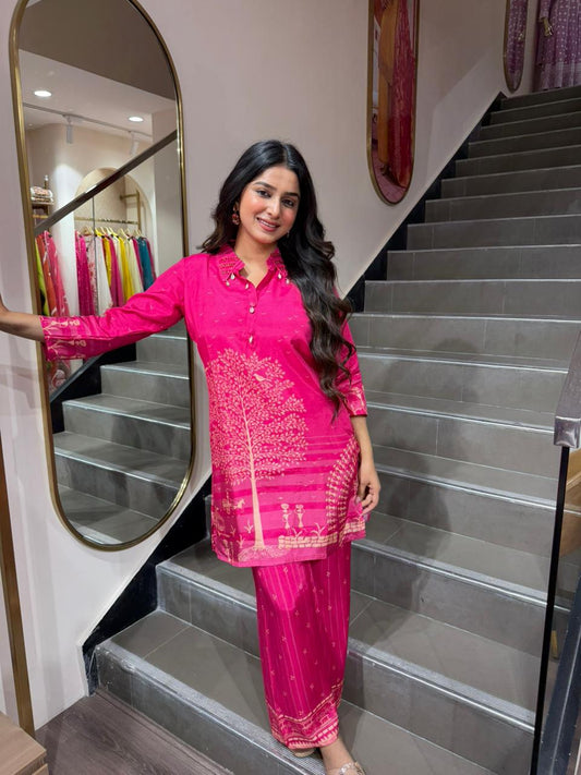Hot Pink Printed Kurta Set – 2 Piece Summer Casual Outfit for Wome