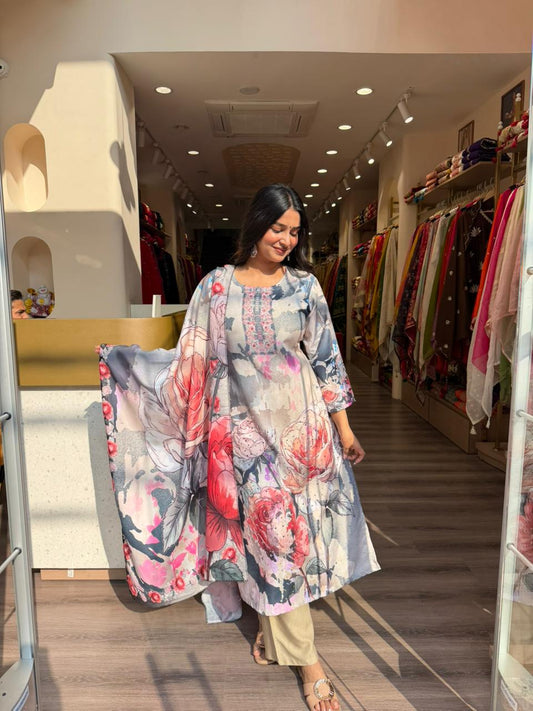 Grey Floral Printed Lawn Suit with Dupatta – 3 Piece Summer Outfit