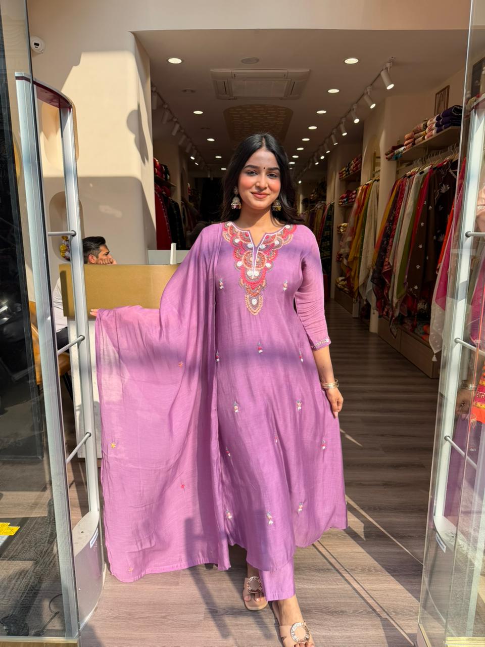 Lavender Embroidered Kurta Set with Dupatta for Women | Elegant Ethnic Wear