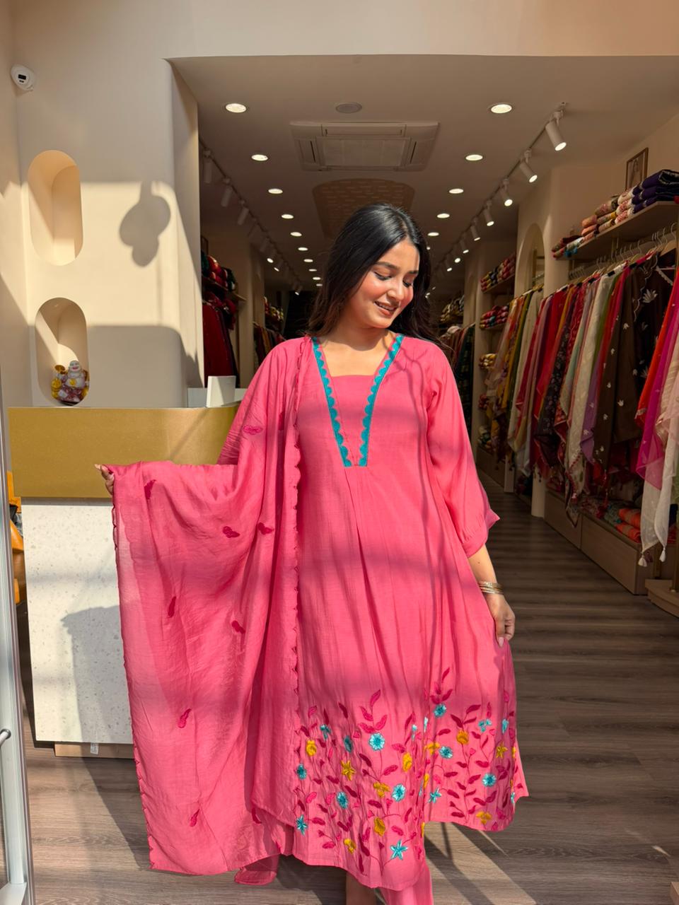 Pink Floral Embroidered Kurta Set with Dupatta for Women | Stylish Ethnic Wear