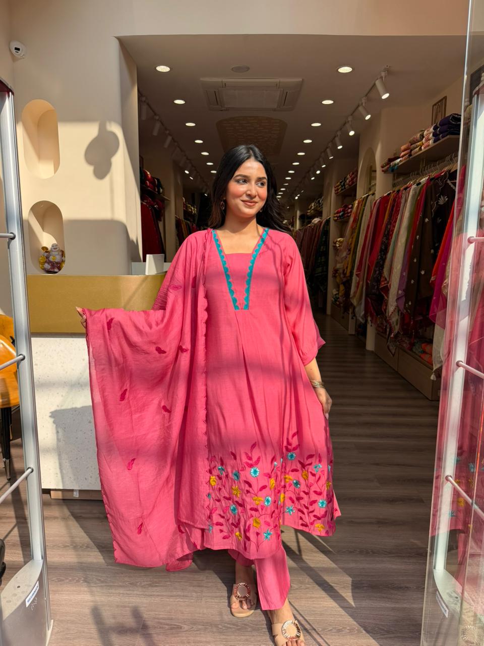 Pink Floral Embroidered Kurta Set with Dupatta for Women | Stylish Ethnic Wear