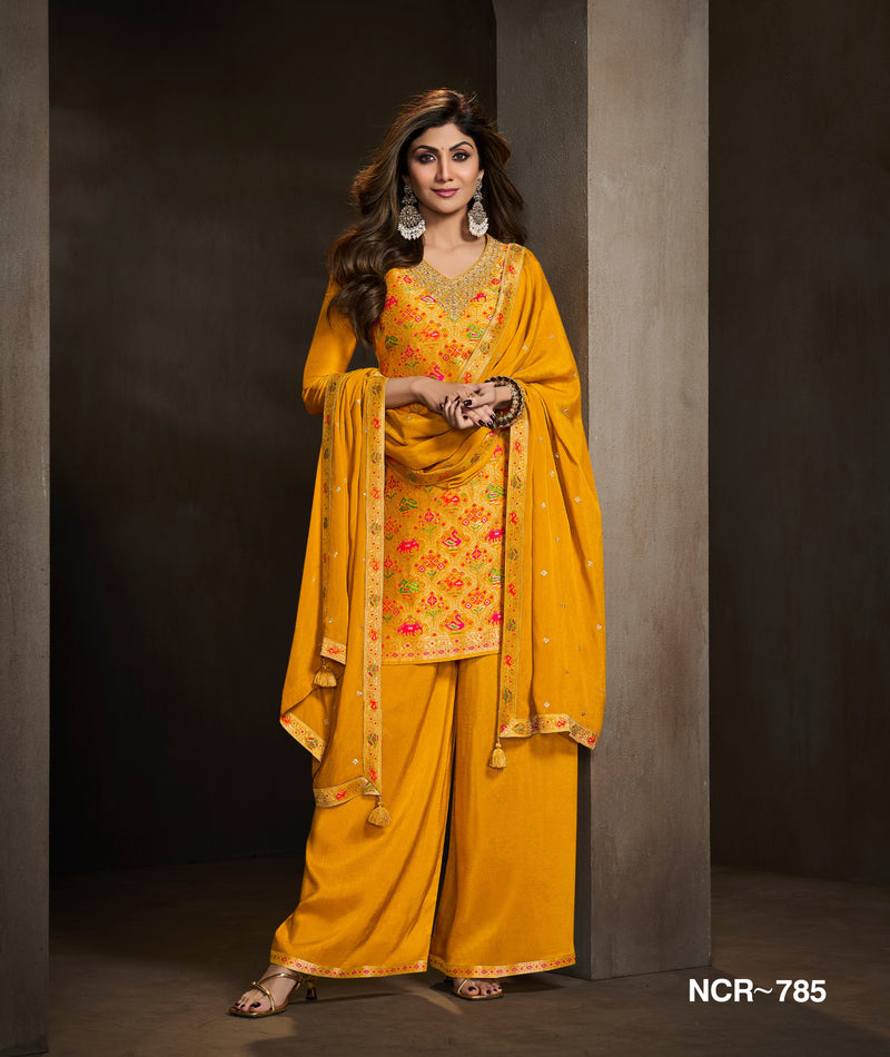 Mustard Yellow Embroidered Palazzo Suit Set with Dupatta for Women | Festive & Wedding Wear