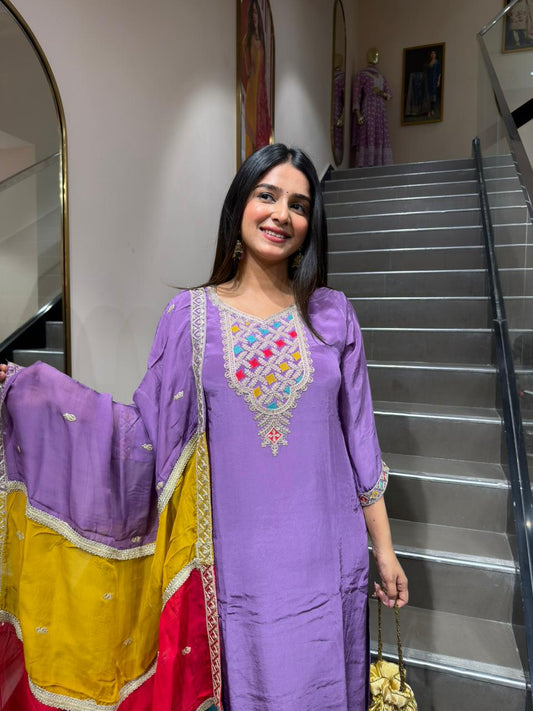 Purple Embroidered Kurta Set with Multicolor Dupatta for Women | Festive Ethnic Wear