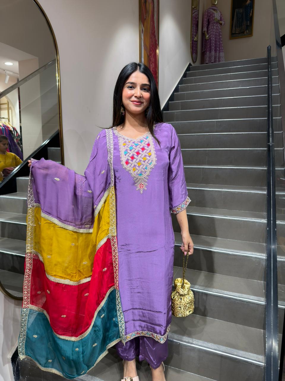 Purple Embroidered Kurta Set with Multicolor Dupatta for Women | Festive Ethnic Wear