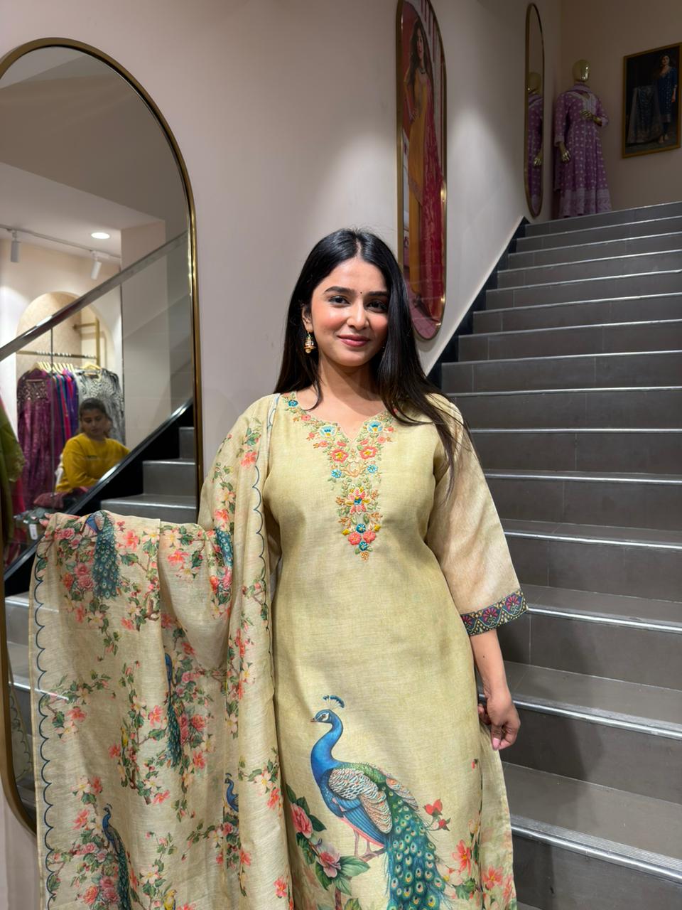 Beige Peacock Print Kurta Set with Floral Dupatta for Women | Designer Ethnic Wear