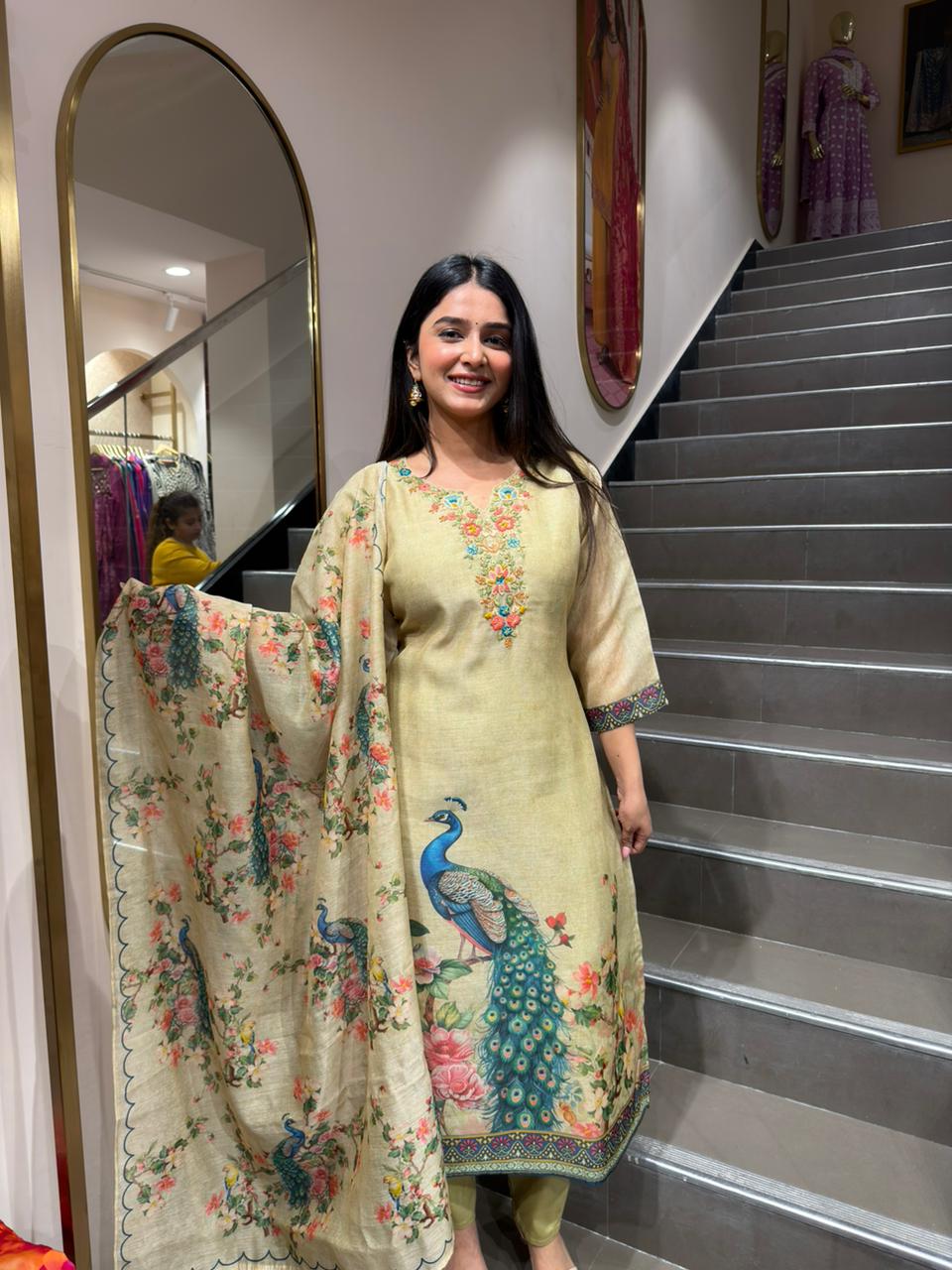 Beige Peacock Print Kurta Set with Floral Dupatta for Women | Designer Ethnic Wear