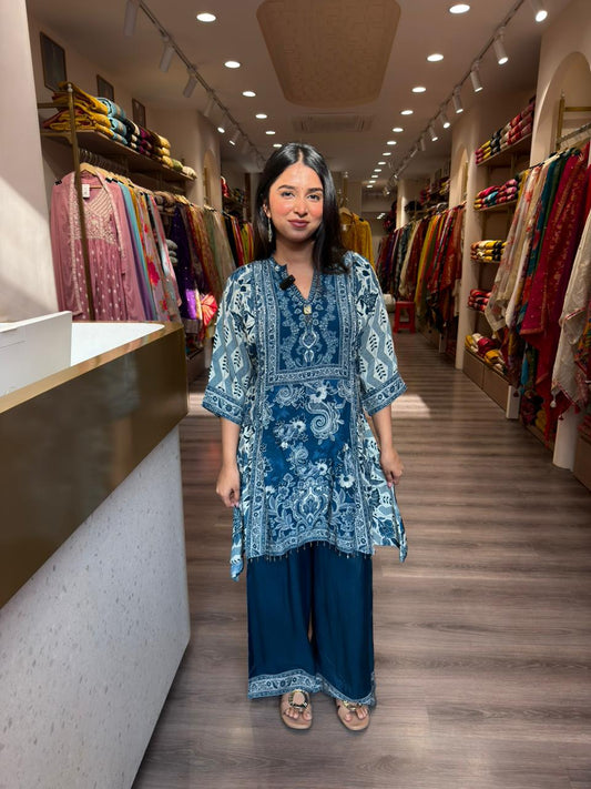 Women’s Blue Printed Kurti with Straight Pants | Modern Ethnic Wear
