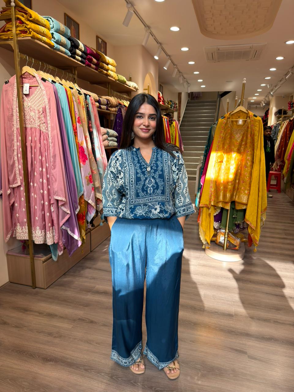 Blue Printed Kurti with Palazzo Pants for Women | Elegant Indo-Western Co-ord Set