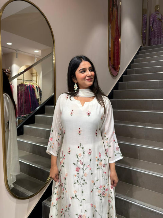 White Floral Embroidered Anarkali Kurta Set with Dupatta for Women | Elegant Ethnic Wear