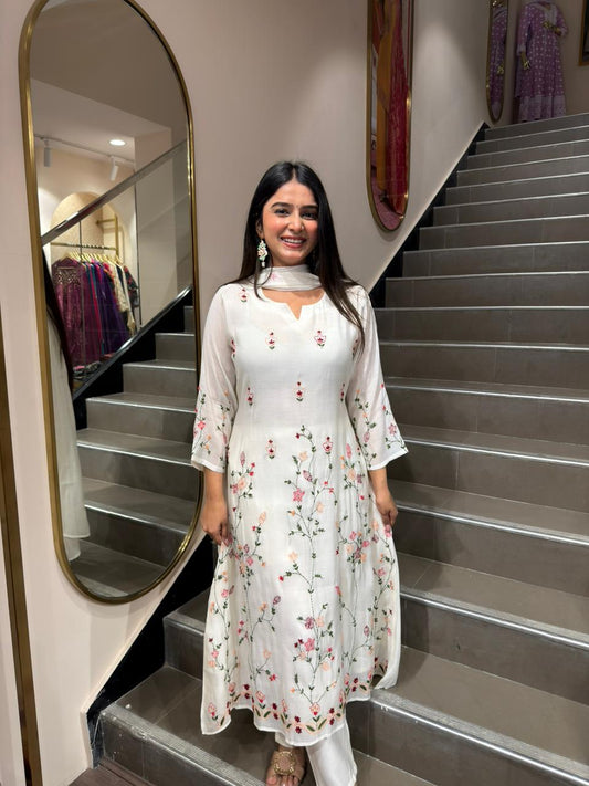 White Floral Embroidered Anarkali Kurta Set with Dupatta for Women | Elegant Ethnic Wear