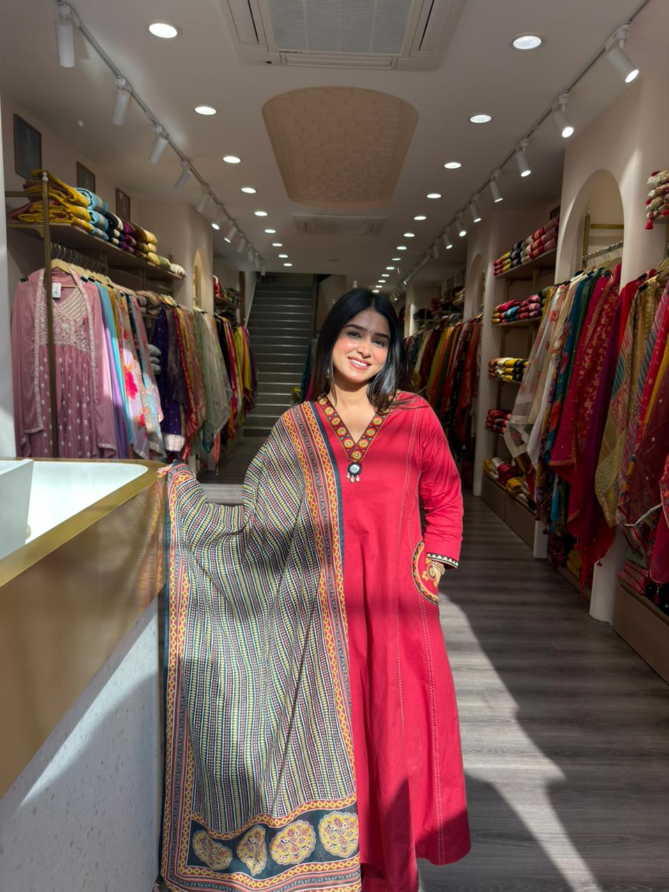 Red Kurta Set with Printed Dupatta for Women | Festive Ethnic Wear Outfit