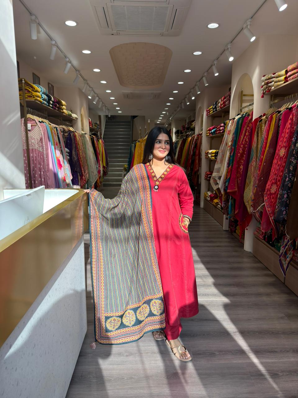 Red Kurta Set with Printed Dupatta for Women | Festive Ethnic Wear Outfit