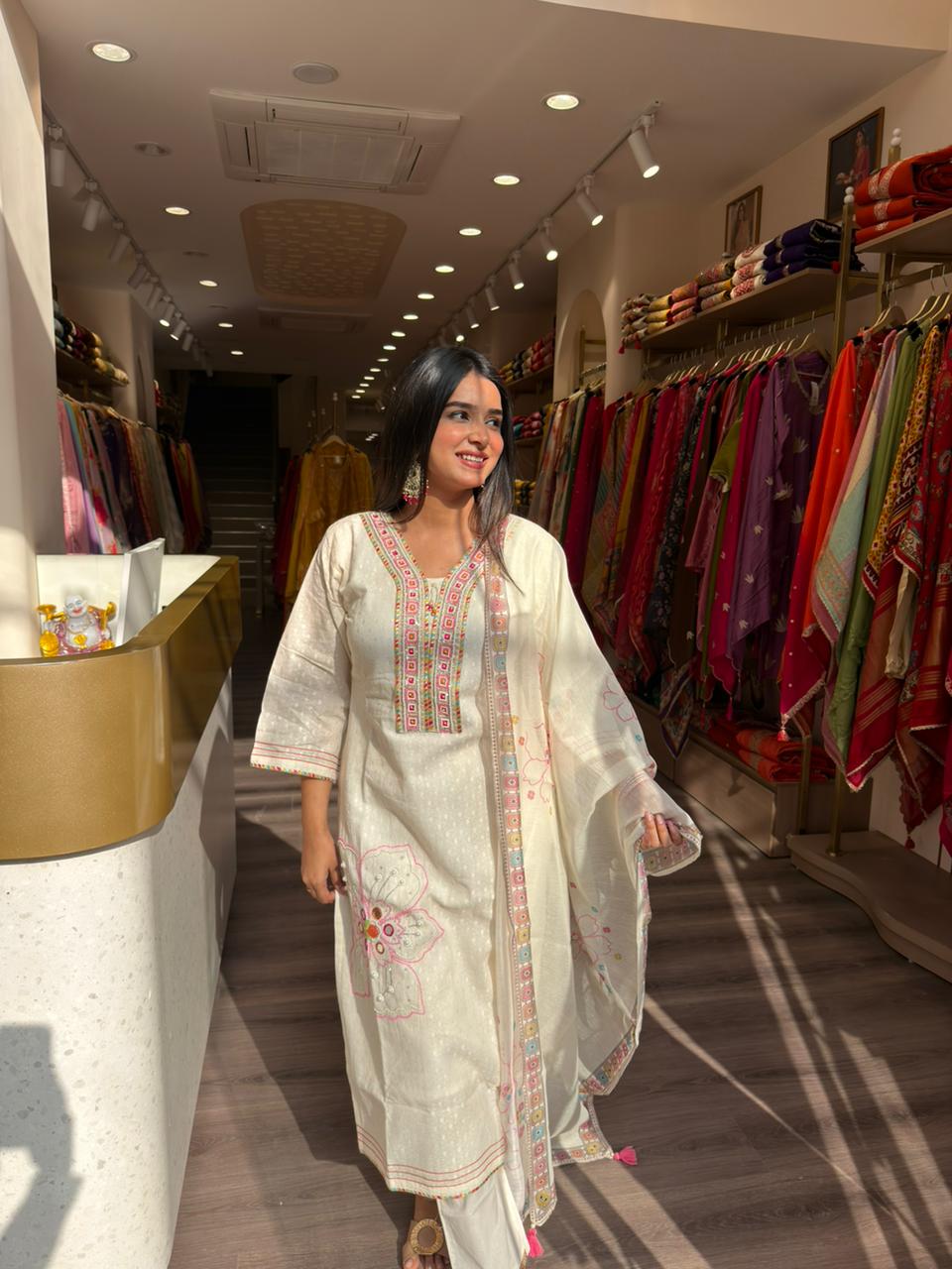 Off-White Embroidered Kurta Set with Dupatta for Women | Elegant Festive Wear