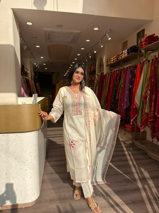 Off-White Embroidered Kurta Set with Dupatta for Women | Elegant Festive Wear