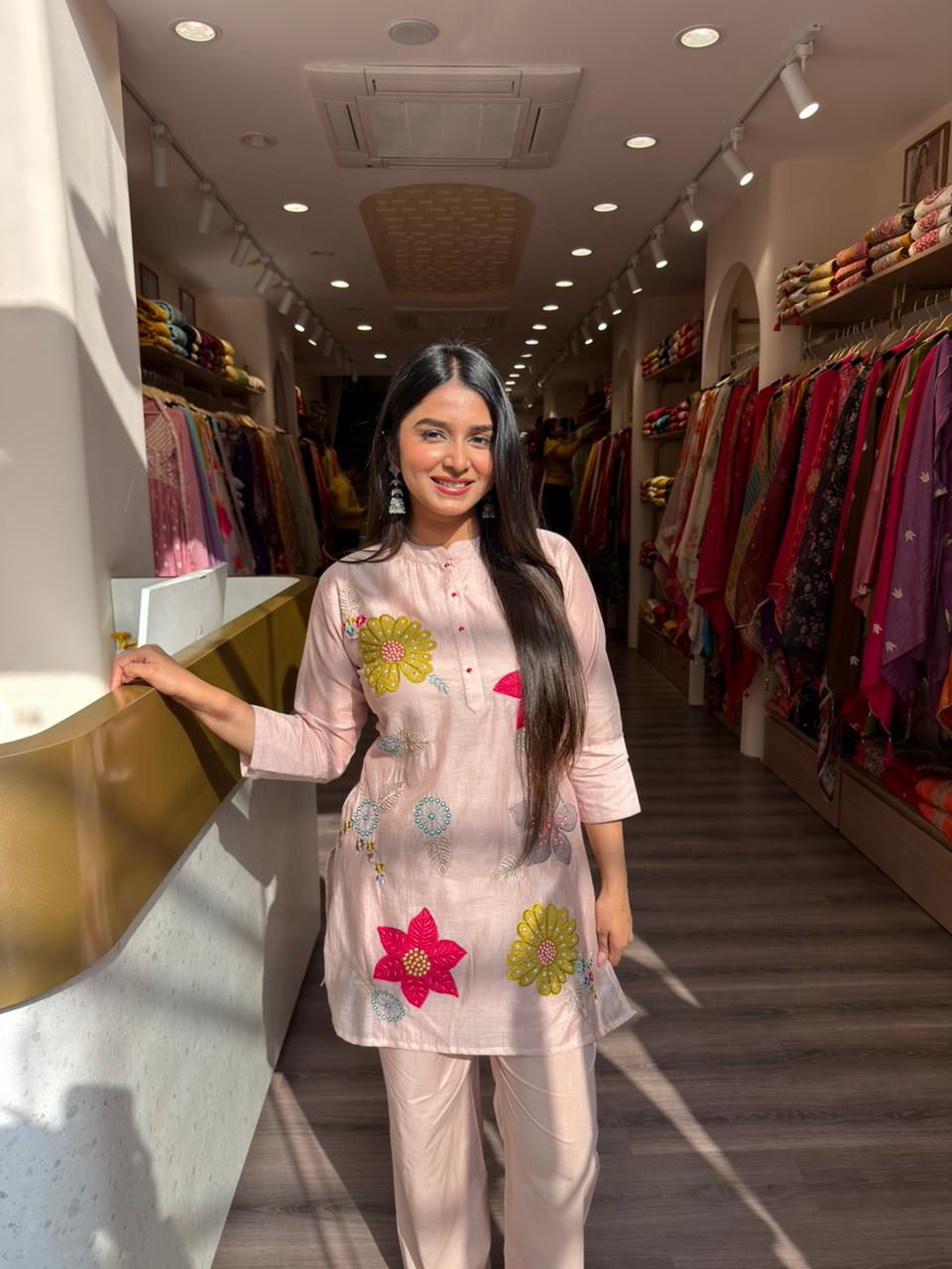 Peach Floral Embroidered Short Kurti with Pants for Women | Stylish Casual Co-ord Set