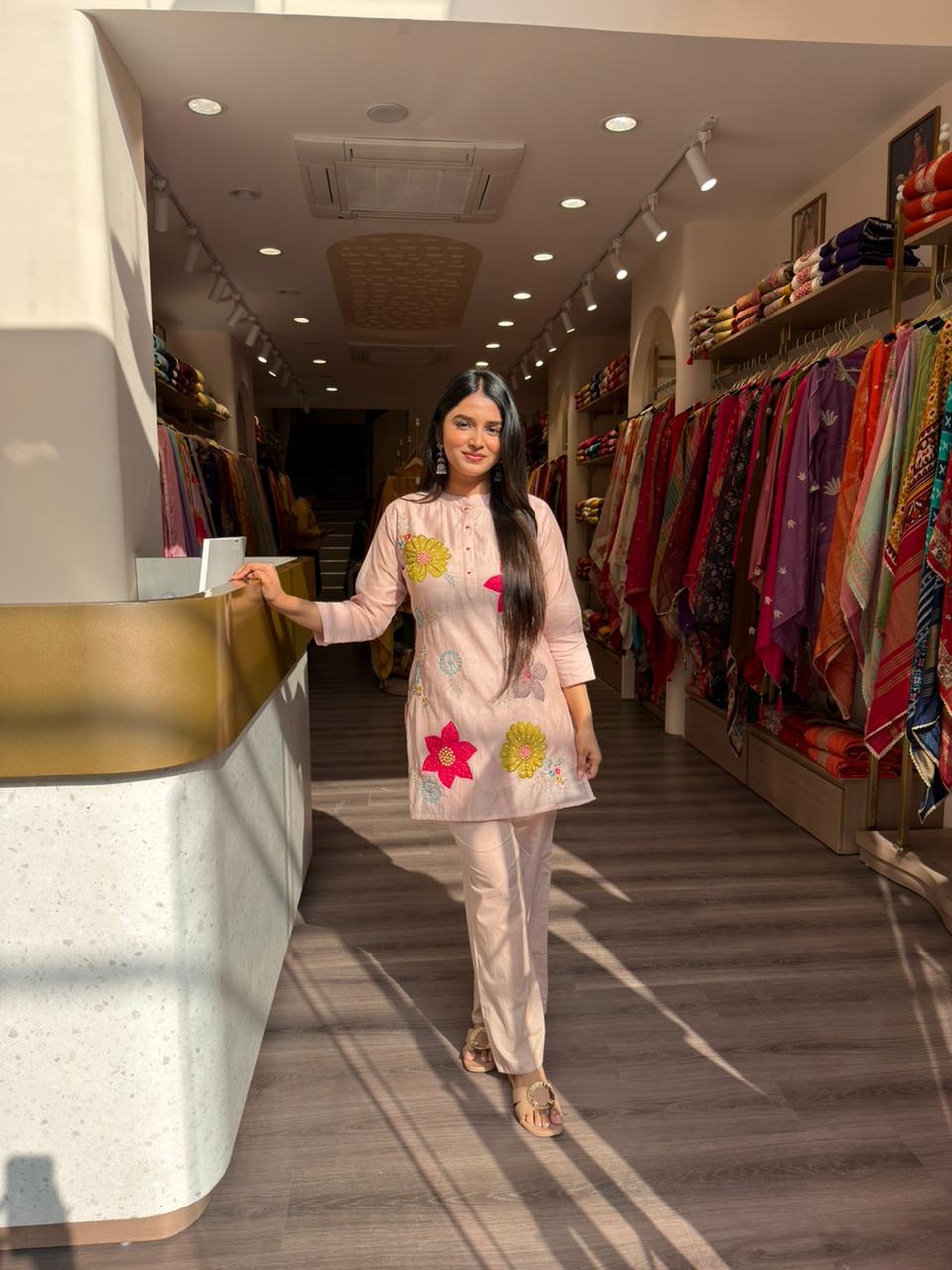 Peach Floral Embroidered Short Kurti with Pants for Women | Stylish Casual Co-ord Set